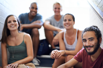 Image showing Bonding, stairs and group of students in portrait, smile and relaxing with education and friends. Men, women and people with diversity and scholarship for university and college, learning and course