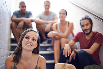 Image showing Woman, stairs and students in portrait, university and relaxing with education and friends. Men, women and people with diversity and scholarship for college and together, learning and course on steps