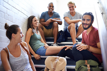Image showing University, steps and students with happiness, friends and smile together, classmates and conversation. Campus, women and men in course for education with scholarship, relax and people on stairs