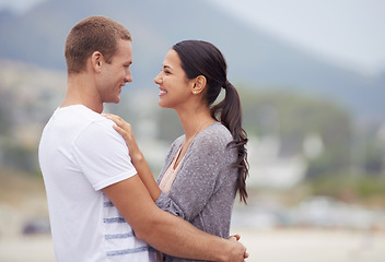 Image showing Couple, hug and beach for travel, happiness together and fresh air outdoor. Romantic adventure, love and affection for bonding, support and trust with commitment and holiday in Mexico for honeymoon