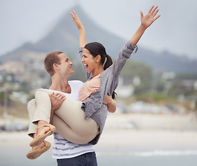 Image showing Freedom, excited and man carrying woman in road with smile, happiness and celebration for vacation in Mexico. Street, couple and happy with love in city for travel, holiday and adventure on date