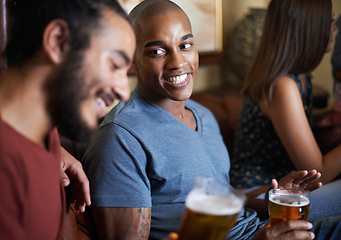 Image showing Friends, beer and happy at pub, smile and relax indoor for drink and bonding in summer to destress. Male people, pub and chill for social, guys and alcohol together and laughing for fun and weekend.