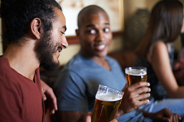 Image showing Friends, beer and chill at pub, smile and relax indoor for conversation and bonding at night to celebrate. Male people, bar and happy for social, guys and alcohol together and laughing for fun.