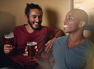 Image showing Friends, beer and pub for funny, smile and relax indoor for fun and bonding in summer to destress. Male people, bar and chill for social, guys and alcohol together and laughing for fun and weekend.