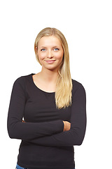 Image showing Studio, fashion and portrait of woman with arms crossed for confidence and pride in white background. Casual, outfit and woman with style for college or cool student in university with happiness