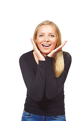 Image showing Woman, smile and excited in studio for portrait with hands by face for fashion, style and confidence. Girl, person and model by white background with trendy clothes, wow or happy for outfit in Berlin