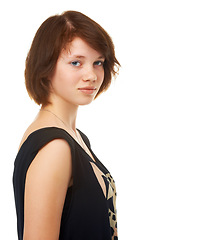 Image showing Serious, teenager and portrait of girl in studio, white background or mock up with fashion. Cool, style and young student with confidence and pride in creative outfit for school with trendy clothes