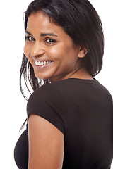 Image showing Indian, woman and happy portrait with beauty in studio, white background or mock up for fashion. Skincare, dermatology and person with confidence and pride from cosmetics for healthy flow on face