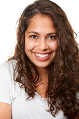 Image showing Portrait, female student and studio with smile, fashion and happy on white background. Confident, stylish or trendy with curly hair, Mexican woman and education or learning at university or college