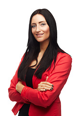 Image showing Smile, studio and portrait of businesswoman with arms crossed for confidence, joy or pride in career., Happy, employee and woman with face for entrepreneur, job or corporate on white background