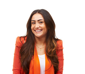 Image showing Designer woman, portrait and happy in career in studio and confident professional by white background. Egypt lady, smile face and creative in fashion startup with trendy style and excited in mockup