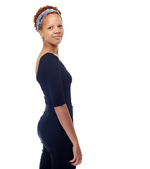 Image showing Happy, teenager and portrait of girl with fashion in studio, white background or mock up space. Cool, style and young woman with confidence and pride in creative outfit with a smile in trendy clothes