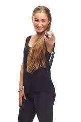 Image showing Woman, studio and happy to point at you for choice, recruitment or portrait by white background. Person, hand or sign for decision, vote or onboarding with smile, hiring or call to action in Berlin