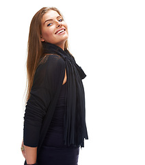 Image showing Fashion, Portrait and woman with style, modern and casual clothing in studio with isolated background. Face, happy and smile of female model for confidence, trendy and elegant outfit by mockup space.