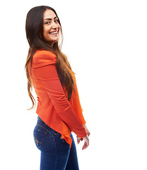 Image showing Happy woman, portrait and trendy fashion in studio and excited for creative studies by white background. Israel student, positive face and style jacket for gen z aesthetic and education in mockup