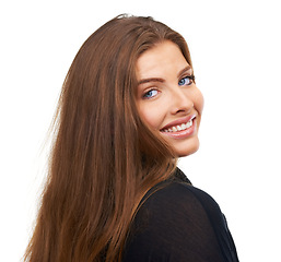 Image showing Smile, hair care or portrait of happy woman in studio for keratin growth or healthy natural shine. Face, wellness or proud model with confidence or beauty for hairstyle results on white background