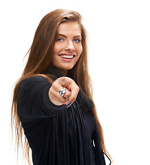 Image showing Woman, studio and point at you for hiring with portrait, recruitment and vote by white background. Person, hr manager and sign language with like for onboarding, decision and call to action in Italy