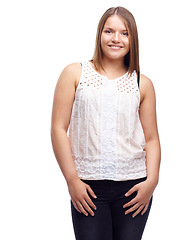 Image showing Happy woman, portrait and confidence for clothes in studio, casual and aesthetic on white background. Female person, plus size and pride for gen z culture, university student and designer fashion