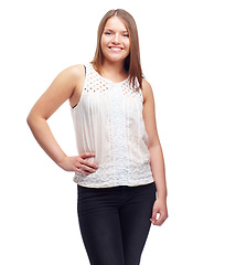 Image showing Happy woman, portrait and confidence for clothing in studio, casual style and aesthetic on white background. Female person, mockup space and pride for gen z culture, student and designer fashion