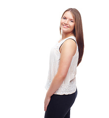 Image showing Happy woman, portrait and pride for outfit in studio, casual style and confident on white background. Female person, smile and mockup space for gen z culture, university student and designer clothes