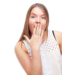 Image showing Portrait, surprise or happy woman in studio for gossip, announcement or fashion discount. Giveaway, model or shocked female person with wow gesture, news or omg facial expression on white background