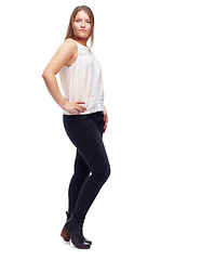 Image showing Woman, portrait and attitude for outfit in studio, casual style and aesthetic on white background. Female person, confidence and gen z culture on backdrop, student and designer clothes for pride