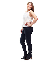 Image showing Happy woman, portrait and pride for style in studio, casual fashion and confident on white background. Female person, smile and mockup space for gen z culture, university student and designer clothes