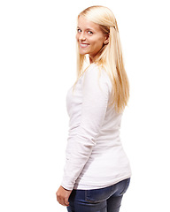 Image showing Happy, woman and portrait with fashion in studio, white background or mock up space. Cool, style and girl with a smile for confidence and pride in creative outfit with trendy and casual clothes