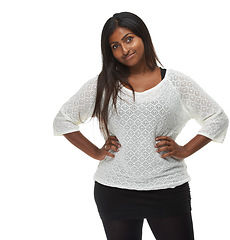 Image showing Indian woman, fashion and portrait in studio with style, pride and trendy outfit by white background. Girl, person or model with edgy clothes, smile and happy for confidence, pride and casual shirt