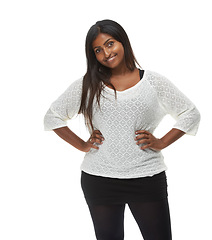 Image showing Indian woman, fashion and portrait in studio with smile, pride and trendy outfit by white background. Girl, person or model with edgy clothes, style and happy for plus size, cool and casual shirt