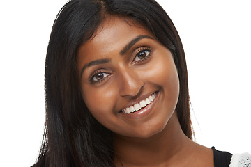 Image showing Portrait, Indian woman and beauty in studio, smile and makeup on white background. Confidence, happy and cosmetology for female model, natural cosmetics and skin care with glow for lady from Mumbai