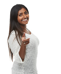 Image showing Woman, happy and point at you in portrait for decision, recruitment or choice by white background. Indian person, hr manager and smile in studio for onboarding with fashion, hiring and call to action