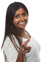 Image showing Woman, studio and point at you with smile in portrait, recruitment or choice by white background. Indian person, hr manager and sign for decision for onboarding with fashion, hiring or call to action