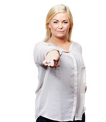 Image showing Woman, studio and point at you for decision with vote, recruitment and portrait by white background. Person, hand and sign for decision with like for onboarding, hiring and call to action in Berlin