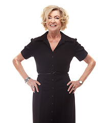 Image showing Mature woman, portrait and confidence for outfit in studio, casual style and aesthetic on white background. Happy female person, senior and pride for fashion, old lady and face in designer clothes