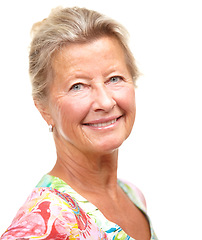 Image showing Senior woman, smile and fashion in studio with color, confidence and tie dye pattern by white background. Mature person, model and happy in portrait with retro shirt, blouse and trendy with clothes