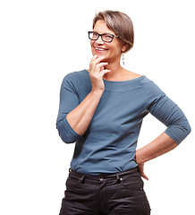 Image showing Mature woman, portrait and idea in studio, smile and glasses for thinking on white background. Female person, happy and planning on mockup space, confident and owner pondering on small business