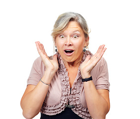 Image showing Mature woman, shock and studio with hands, thinking and surprise for announcement by white background. Senior person, wow and confused for news, information and notification with drama in Germany