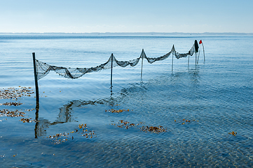 Image showing Serene coastal seascape with fish net and buoy on a clear day