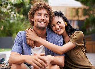 Image showing Portrait, couple and interracial with smile, love and hug outdoors in garden, backyard and patio in Jamaica. Male person, girlfriend and diversity lovers with partnership, affection and bonding