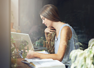 Image showing Student, woman and reading in cafe for education, knowledge and study with notebook, laptop or scholarship. Young girl, learning or research in books for assignment, assessment or exam in coffee shop