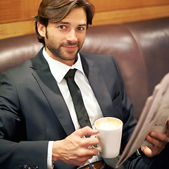 Image showing Businessman, portrait and newspaper in cafe, lounge and coffee shop with suit and sofa. Man, broker and news with reading, break and corporate job with mug and restaurant for rest and relaxation