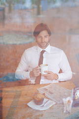 Image showing Businessman, thinking and window at cafe, formal and suit for lawyer firm and idea for client and muffin. Professional lawyer person, newspaper and cappuccino for restaurant, bistro and break