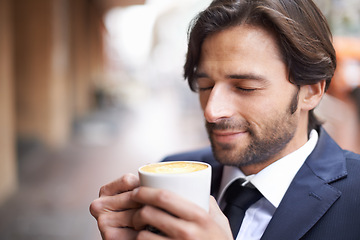 Image showing Cafe, man and worker for business, dreaming and relax when outdoor on break in winter for warmth. Professional male person, cappuccino and suit for latte, thinking and coffee shop for relaxing