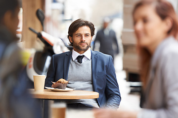 Image showing Businessman, outdoor and cafe with thought, muffin and cappuccino for takeaway in urban city in suit. Professional lawyer man, thinking and coffee shop in public, idea and vision for client and case