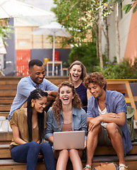 Image showing Students, laughing and laptop with funny joke on campus, break and internet for online meme. Friends, diversity and people at university for social media and discussion of comedy topic in college