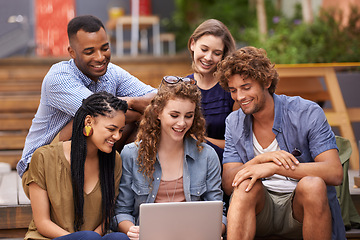 Image showing Students, college and smile with laptop, friends and outdoor for browsing social media and happy mates. Research, scrolling and people for learning, ebook and online at scholarship with casual fit