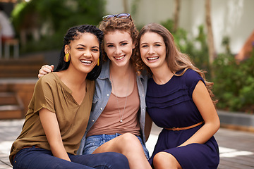 Image showing Portrait, diversity and woman friends on holiday, travel and outside bonding. Smile, happiness and global vacation in tropical Brazil, international getaway and summer for group of female companion