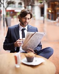 Image showing Corporate, man and reading newspaper at cafe with coffee, muffin and outdoor for information and updates. Businessman, cup and restaurant to search for business, opportunity and economy trends