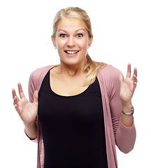 Image showing Woman, portrait and excitement for surprise in studio for announcement or news, amazed and wow reaction. Female person, isolated and white background with shock, omg and mind blown with smile for joy